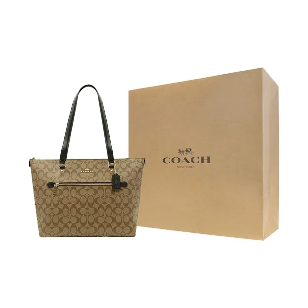 COACH Gallery PVC Tote Bag Shopping Bag Shoulder Bags Large Size Women's Khaki Monogram & Black Shoulder Strap-6