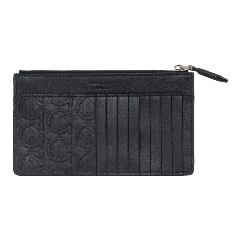 FERRAGAMO Cow Leather Cell Phone Pouch, Card Holder, Coin Purse Unisex Black-4