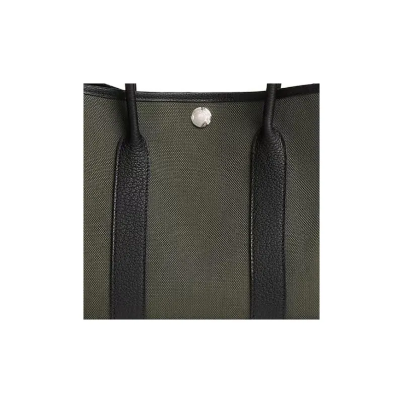 HERMES Garden Party Canvas With Negonda Calfskin Garden Bag Shoulder Bag Crossbody Bag Handbag Unisex Gray Green/Black-3