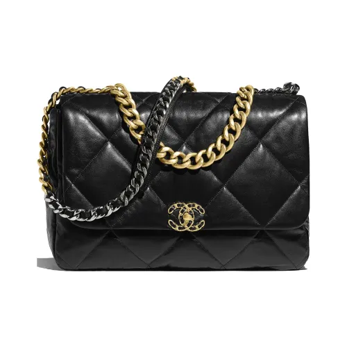 CHANEL 19Bag Shiny Lambskin Handbag Shoulder Bag Crossbody Bag Large Size Women's Black