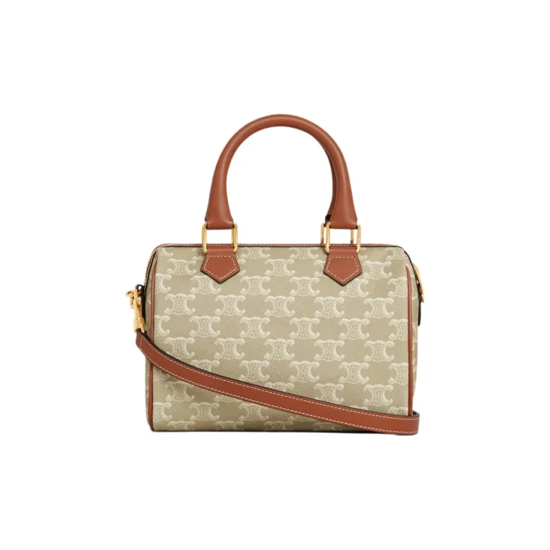 CELINE Cow Leather Boston Bag Shoulder Bag Crossbody Bag Handbag Small Size Women's Greige-2