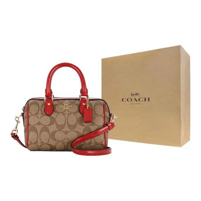 COACH Boxed PVC With Skin Boston Bag, Handbag, Shoulder Bag Small Size Women's Brown & Red-6