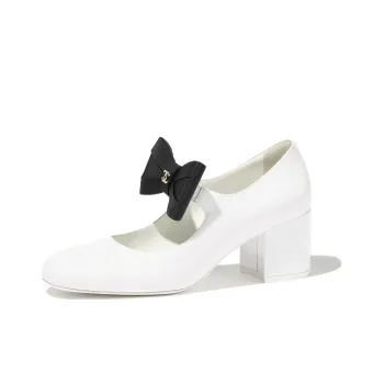 CHANEL Chunky Heel Mary Jane Shoes Women's White