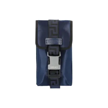 VERSACE Nylon With Calfskin One Shoulder Crossbody Cell Phone Pouch Men's Navy
