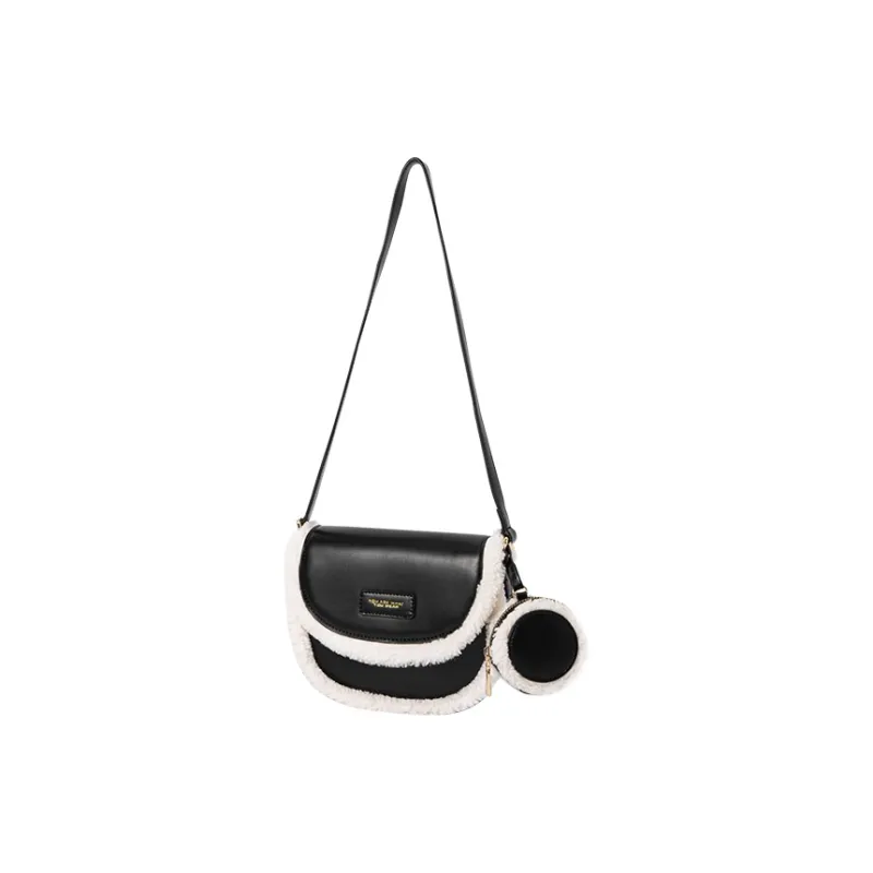 SEM/R Synthetic Leather Patchwork Fabric Saddle Bag Shoulder Bag Crossbody Bag Women's Caramel Brown Spelled Black-5
