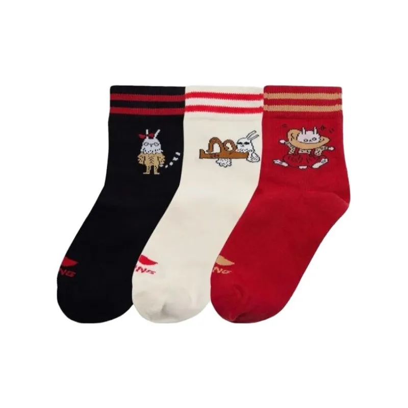 LiNing Sports Life Collection Mid Calf Socks Unisex 3 Pack Black+Beige+Red-0