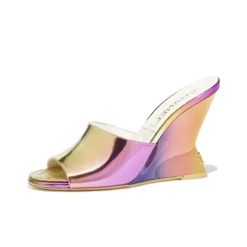 CHANEL Slip Resistant Slide Slippers 10cm Women's Purple Gold