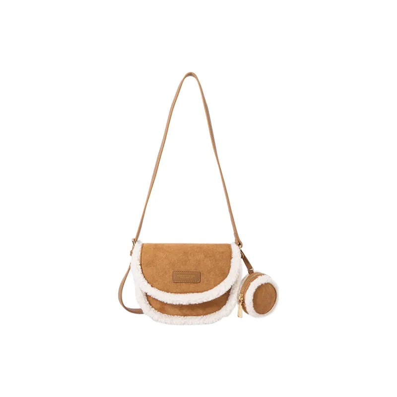 SEM/R Synthetic Leather Patchwork Fabric Saddle Bag Shoulder Bag Crossbody Bag Women's Caramel Brown Spelled Black-0