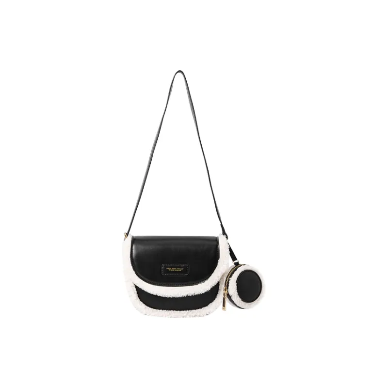 SEM/R Synthetic Leather Patchwork Fabric Saddle Bag Shoulder Bag Crossbody Bag Women's Caramel Brown Spelled Black-4