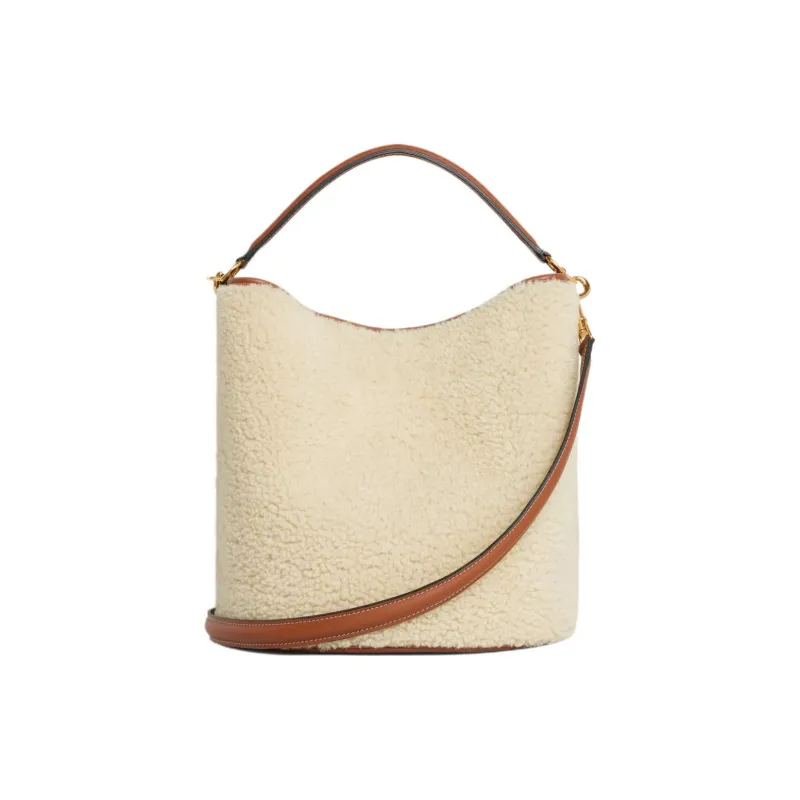 CELINE Sheepskin Bucket Bags Shoulder Bag Crossbody Bag Handbag Women's Natural Color & Brown Umber-3