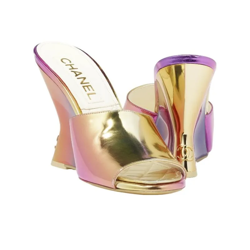 CHANEL Slip Resistant Slide Slippers 10cm Women's Purple Gold-3