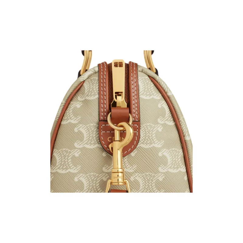 CELINE Cow Leather Boston Bag Shoulder Bag Crossbody Bag Handbag Small Size Women's Greige-4