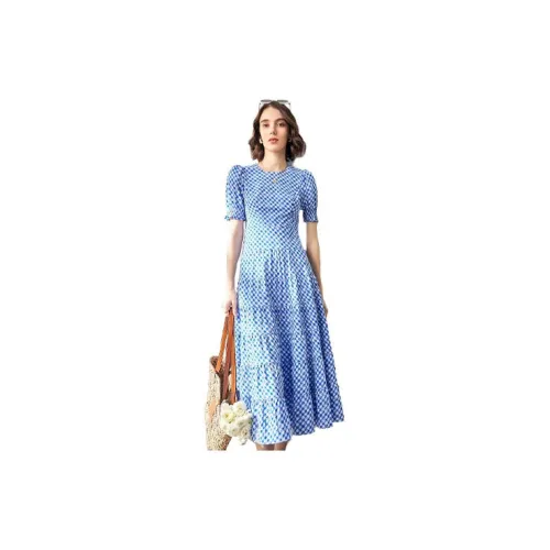 Famanxuan Short-Sleeved Dresses Women's Turquoise Blue Seaside Plaid