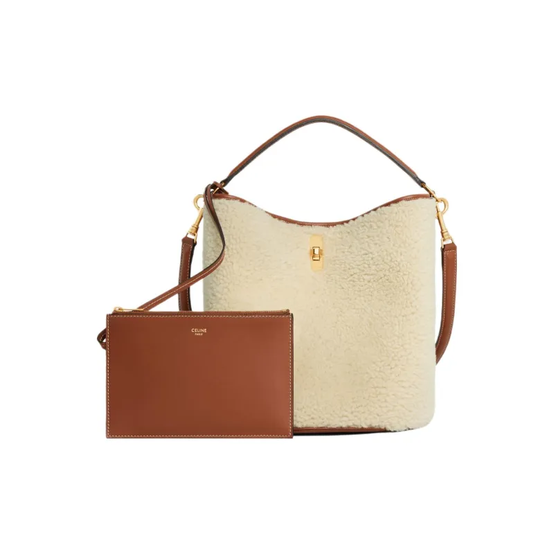 CELINE Sheepskin Bucket Bags Shoulder Bag Crossbody Bag Handbag Women's Natural Color & Brown Umber-1