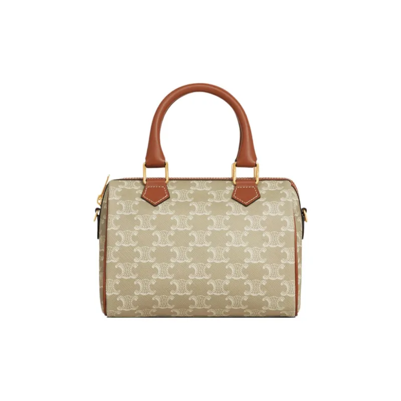 CELINE Cow Leather Boston Bag Shoulder Bag Crossbody Bag Handbag Small Size Women's Greige-0