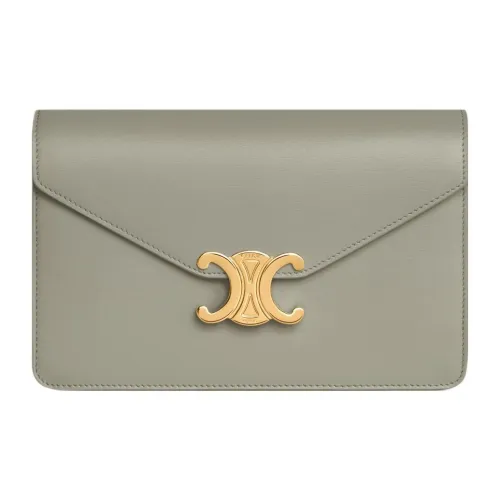 CELINE Shiny Cow Leather Shoulder Bag Crossbody Bag Wallet Mini Women's Gray Green
