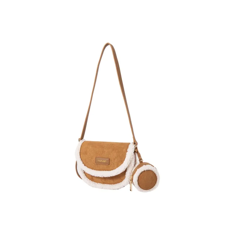 SEM/R Synthetic Leather Patchwork Fabric Saddle Bag Shoulder Bag Crossbody Bag Women's Caramel Brown Spelled Black-1