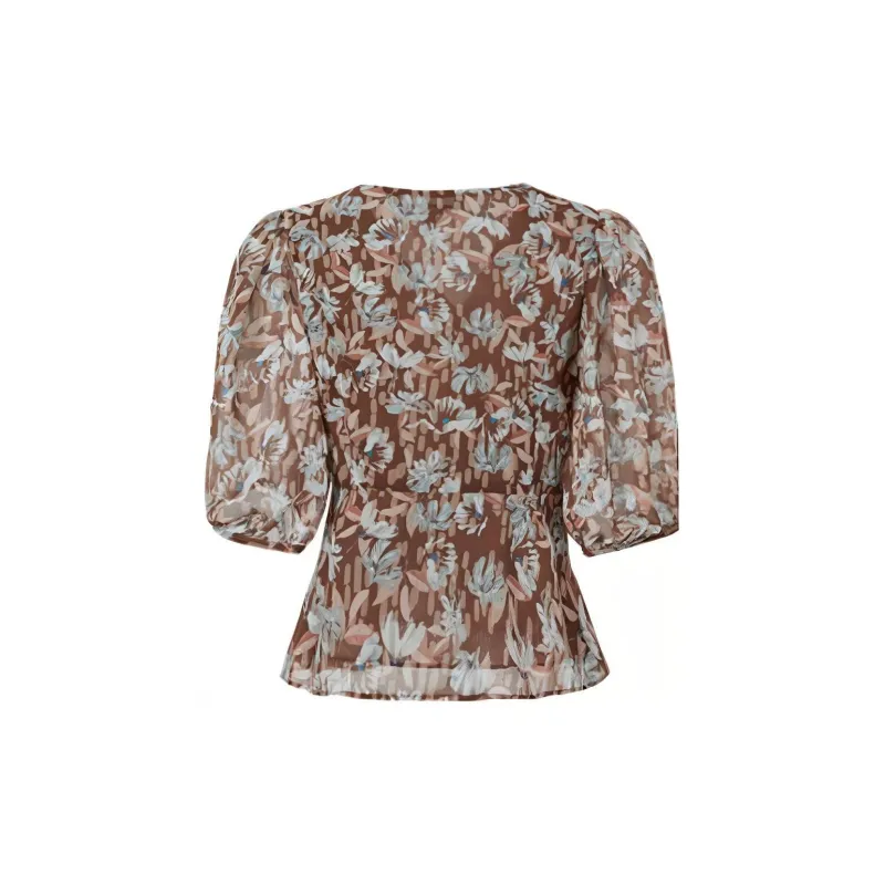 JZ Juzui Chiffon Shirt Women's Brown With Print-1