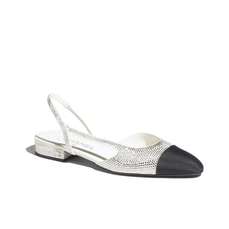 CHANEL Strass 20mm Slingbacks Silver Black Grosgrain Women's-1