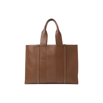 Chloe Woody Grained Calfskin Tote Bag Shopping Bag Handbag Large Size Women's Dark Nut Color