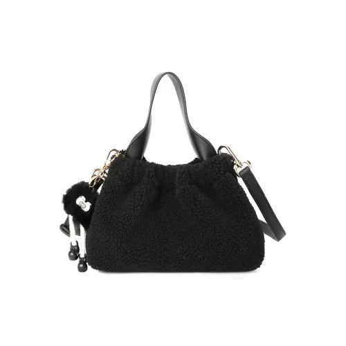 MEXICAN Fabric With Sherpa Texture Bucket Bag, One Shoulder Handbag Women's Dark Ink Black/Mocha/Milkshake White