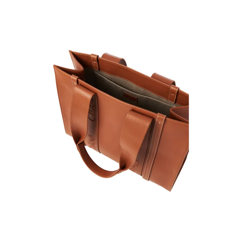Chloe Woody Smooth Cow Leather Tote Bag Shopping Bag Shoulder Bag Handbag Medium Size Women's Brown-4