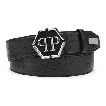 PHILIPP PLEIN Letter P Decoration Smooth Buckle Leather Belts Men's Black Width: 4cm
