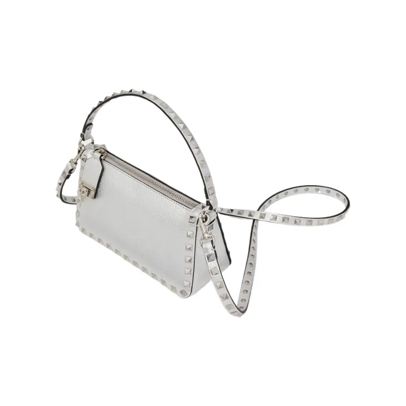 Valentino Rockstud Grained Calfskin Baguette Bag Shoulder Bag Handbag Small Size Women's Silver-4