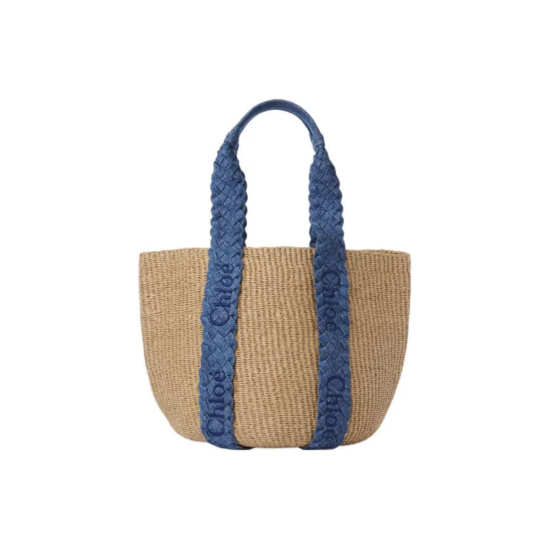 Chloe Woody Calfskin With Denim Basket Bag, Handbag, Shoulder Bag Women's Blue & Natural-1