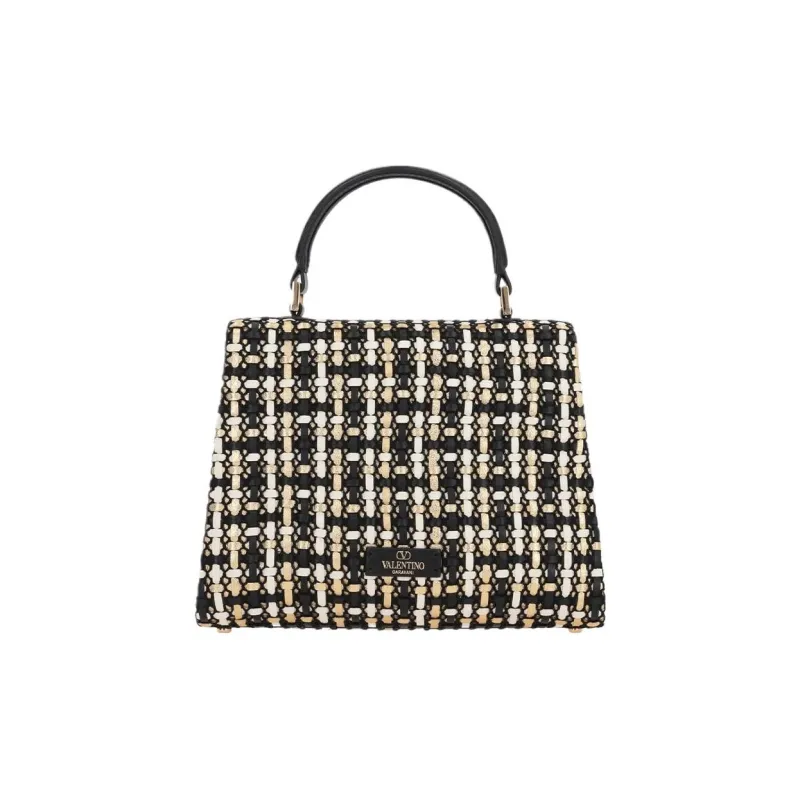 Valentino VSLING Calfskin Patchwork Fabric Shoulder Bag Crossbody Bag Handbag Small Size Women's Black-2