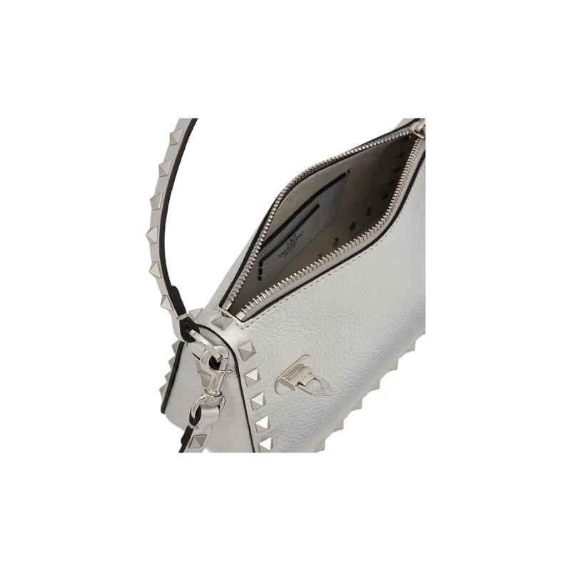 Valentino Rockstud Grained Calfskin Baguette Bag Shoulder Bag Handbag Small Size Women's Silver-5