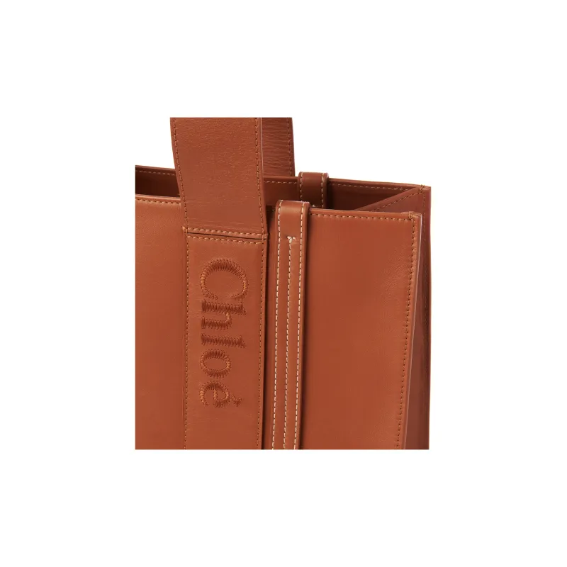Chloe Woody Smooth Cow Leather Tote Bag Shopping Bag Shoulder Bag Handbag Medium Size Women's Brown-2