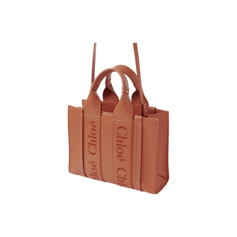 Chloe Woody Smooth Calf Leather Tote Bag, Shopping Bag, Shoulder Bag, Crossbody Bag, Handbag Small Size Women's Tawny-1