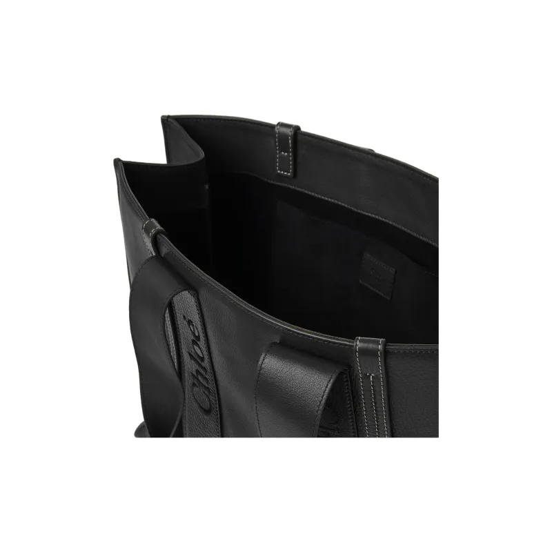 Chloe Woody Calfskin Tote Bag, Shopping Bag, Handbag Tubas Women's Black-3