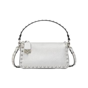 Valentino Rockstud Grained Calfskin Baguette Bag Shoulder Bag Handbag Small Size Women's Silver