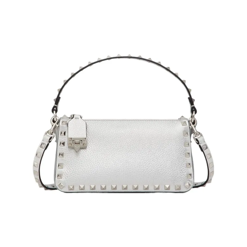 Valentino Rockstud Grained Calfskin Baguette Bag Shoulder Bag Handbag Small Size Women's Silver-0