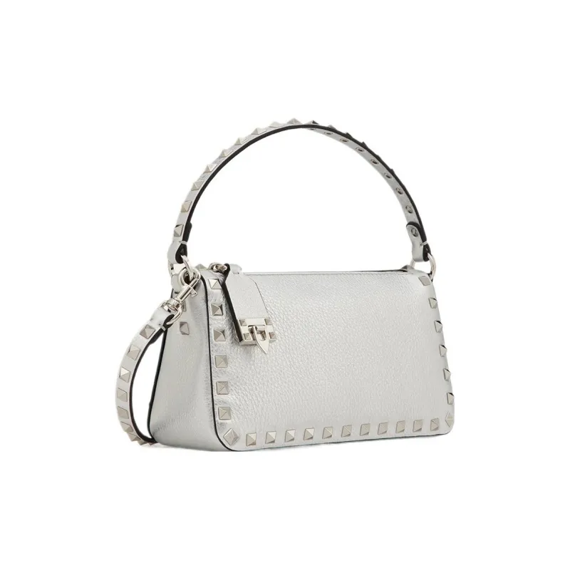 Valentino Rockstud Grained Calfskin Baguette Bag Shoulder Bag Handbag Small Size Women's Silver-1