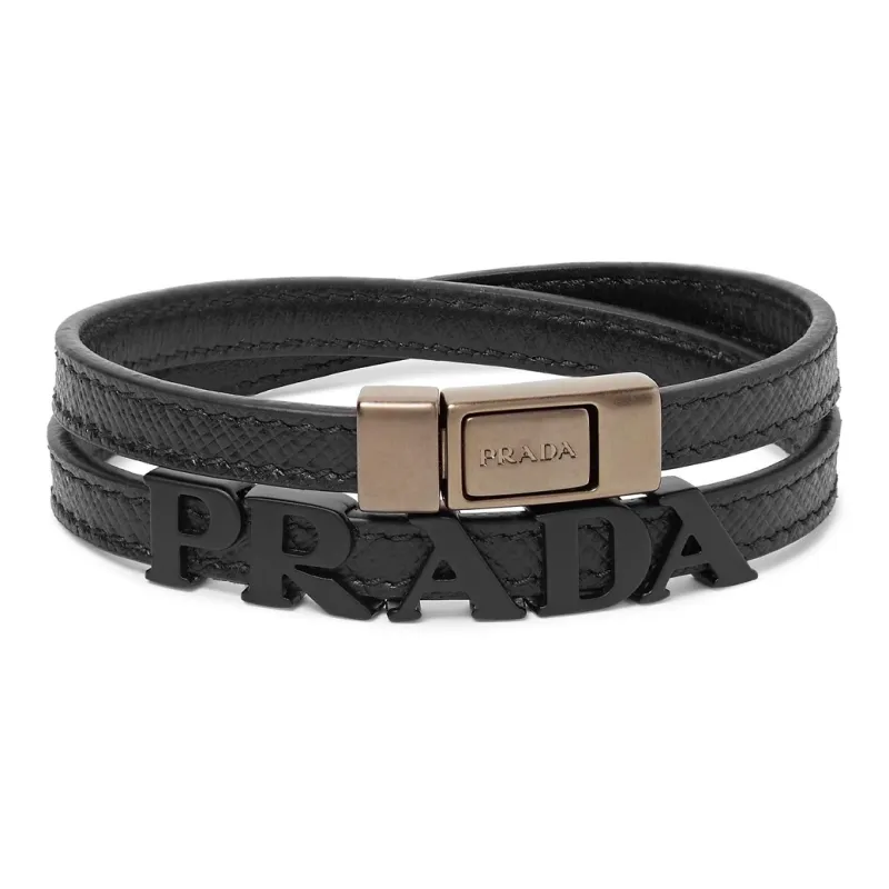 PRADA Cow Leather Metal Wristbands Men's Black-0