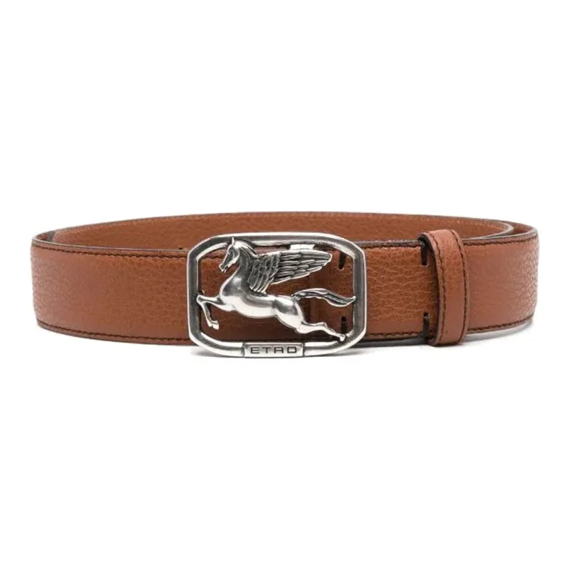 ETRO Flying Horse Pattern Solid Color Decoration Leather Belts Men's Brown Width: 3cm-0