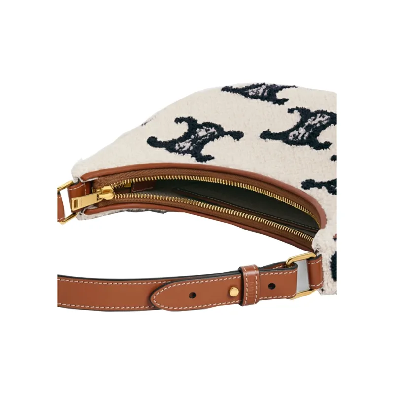 CELINE TriompheAVA Plush Fabric Shoulder Bag Handbags Women's Navy/Tan-3