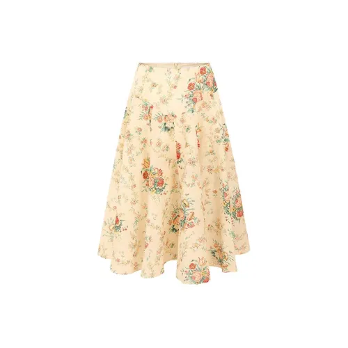 Selkie Casual Long Skirts Women's Yellow Background With Vine And Rose Print