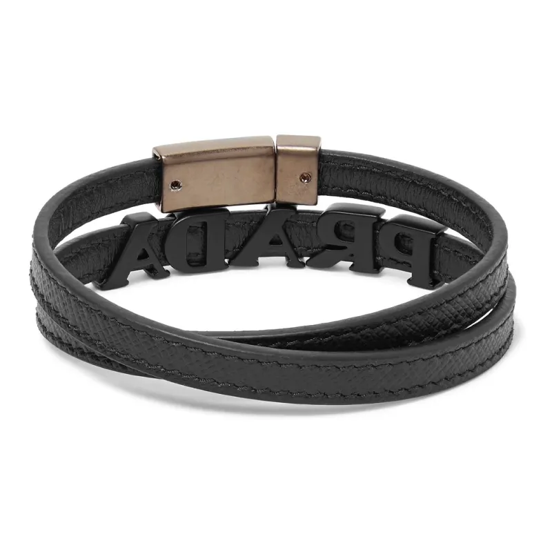 PRADA Cow Leather Metal Wristbands Men's Black-2