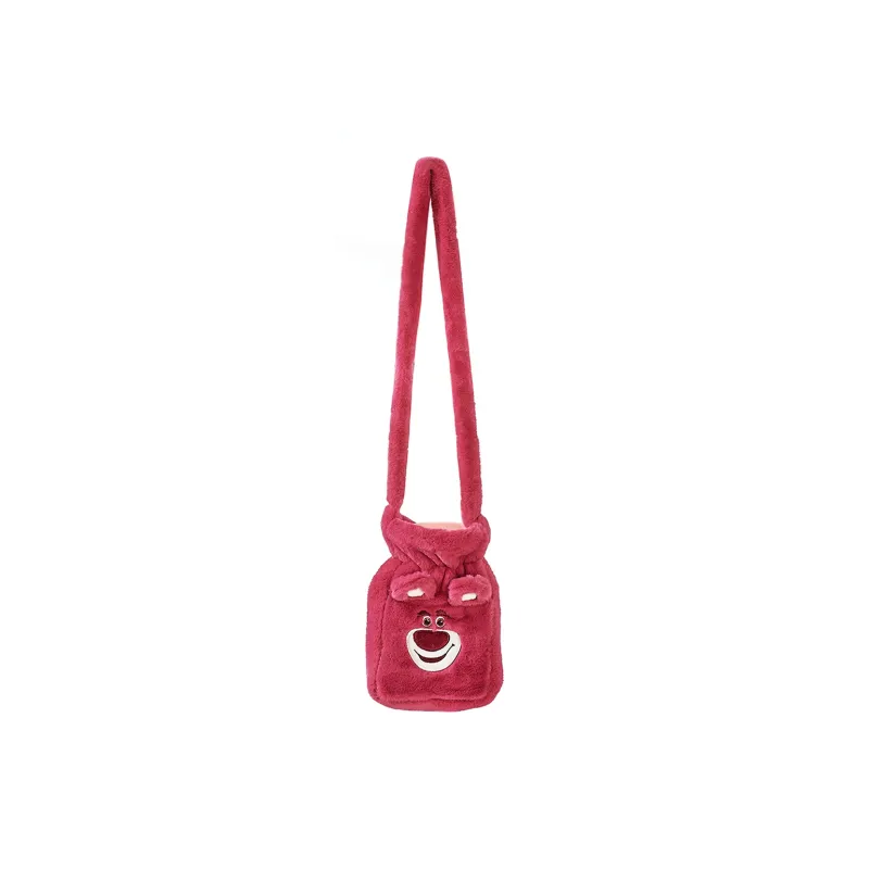 Disney Strawberry Bear Series Polyester Fleece One Shoulder Crossbody Bag Shoulder Bag Small Size Women's Rose Red-0