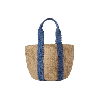 Chloe Woody Calfskin With Denim Basket Bag, Handbag, Shoulder Bag Women's Blue & Natural