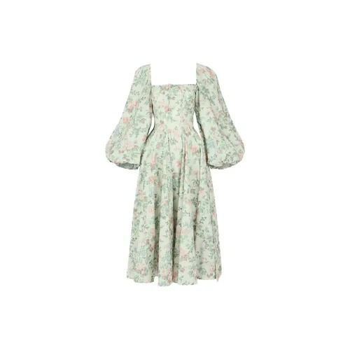 Selkie Long-Sleeved Dresses Women's Light Apricot Base With Green Leaves Rose Print