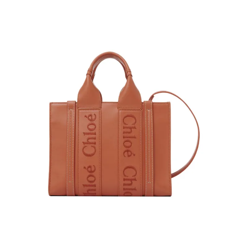 Chloe Woody Smooth Calf Leather Tote Bag, Shopping Bag, Shoulder Bag, Crossbody Bag, Handbag Small Size Women's Tawny-0