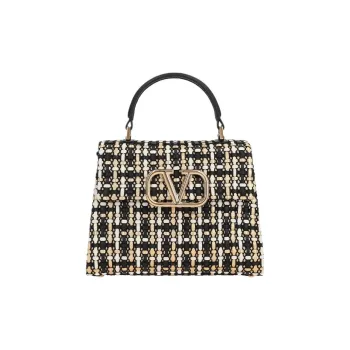 Valentino VSLING Calfskin Patchwork Fabric Shoulder Bag Crossbody Bag Handbag Small Size Women's Black