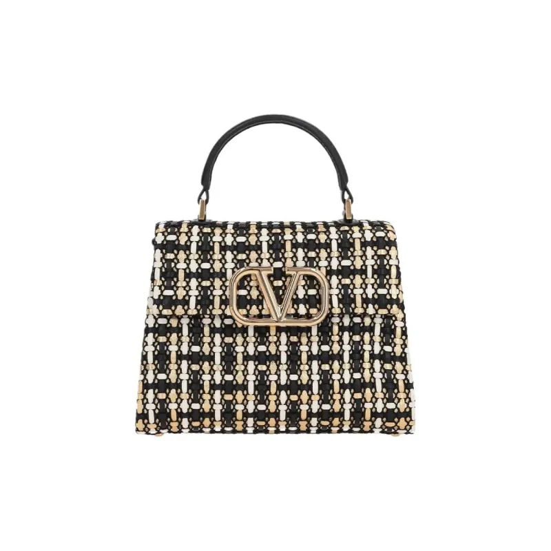 Valentino VSLING Calfskin Patchwork Fabric Shoulder Bag Crossbody Bag Handbag Small Size Women's Black-0