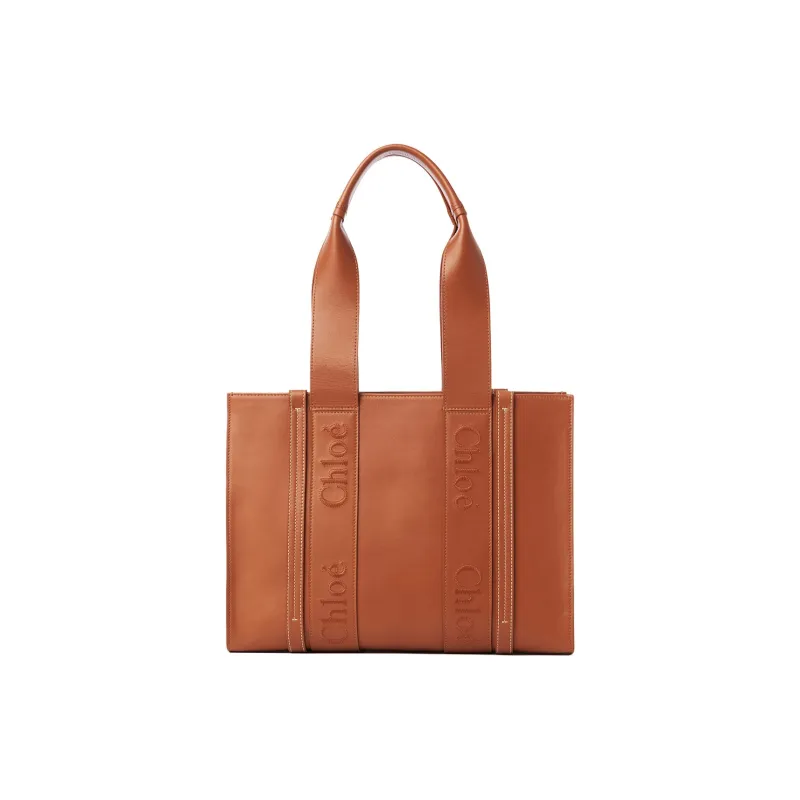 Chloe Woody Smooth Cow Leather Tote Bag Shopping Bag Shoulder Bag Handbag Medium Size Women's Brown-1