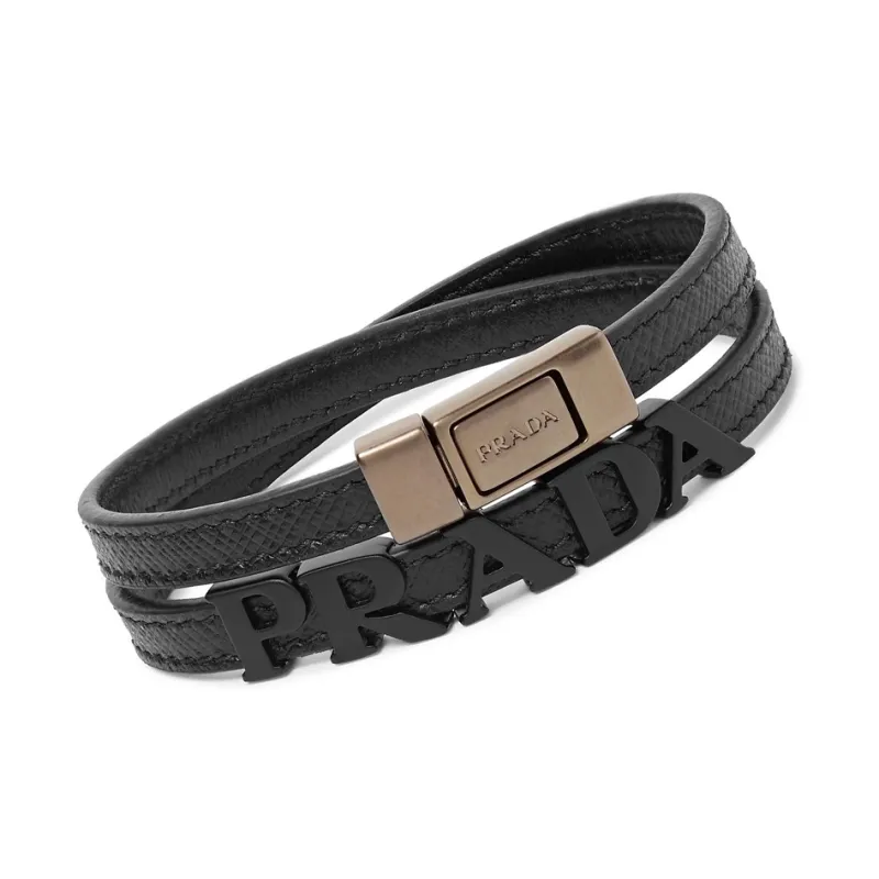 PRADA Cow Leather Metal Wristbands Men's Black-1